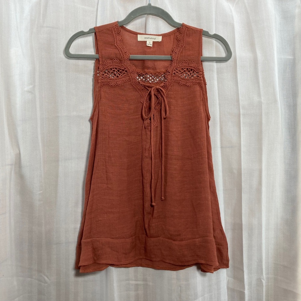 Boho Lace‎ Trim Onetheland Women's Burnt Orange Tie Neck Sleeveless Top Size S